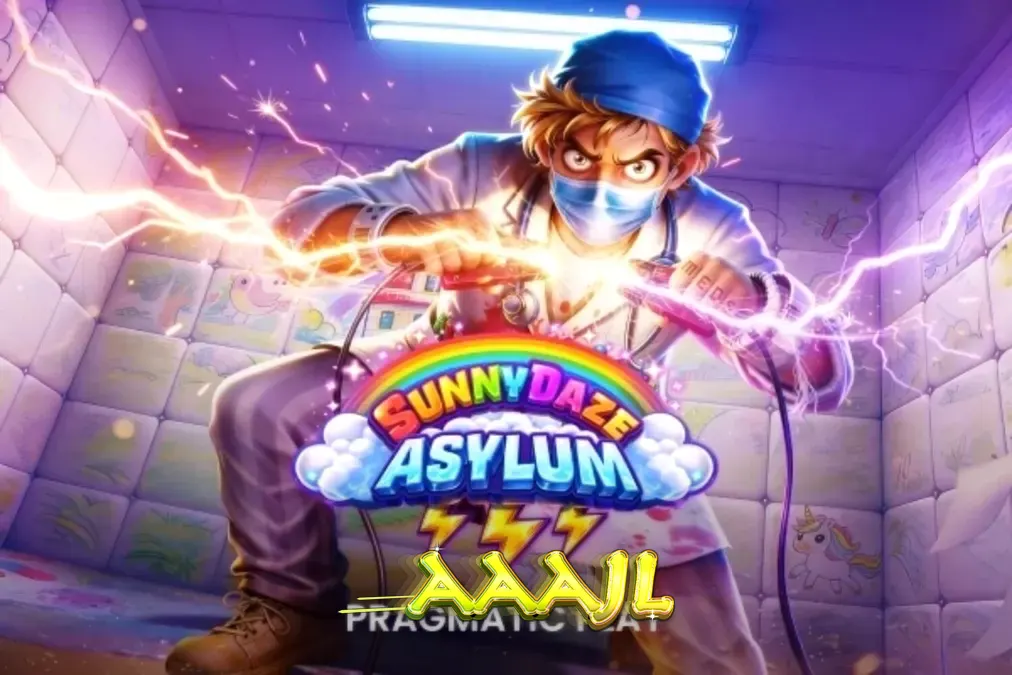 Isang neon-themed na slot machine na may temang asylum at makukulay na simbolo.
